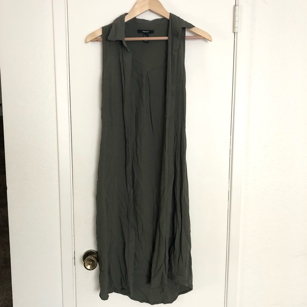 Olive green midi length button down top